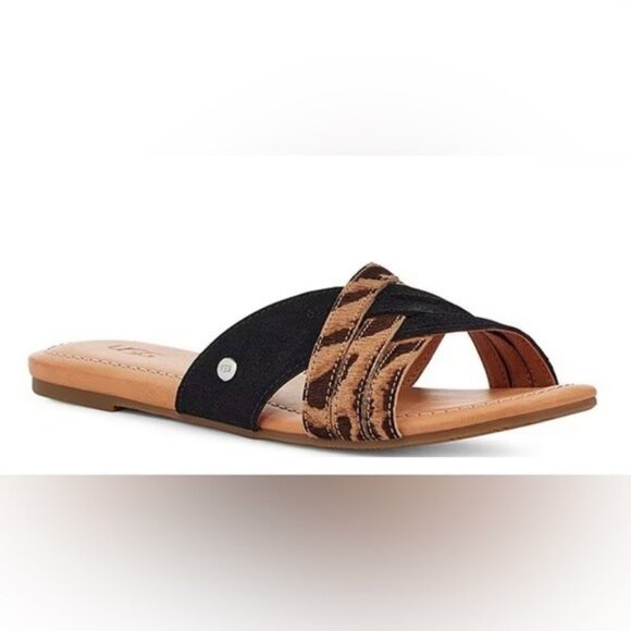 UGG Kenleigh Slide Sandals Leather Slip On Flats Tiger Stripes Size 7.5 NEW - Picture 1 of 7